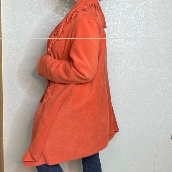 Oversized Open Front Fleece Cardigan with Fringe Long Sleeve Orange Sweater Cape - Picture 5 of 6